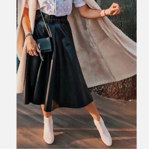 Zara Faux Leather Skirt With Belt Black Blogger Fav Size Large - Picture 2 of 12